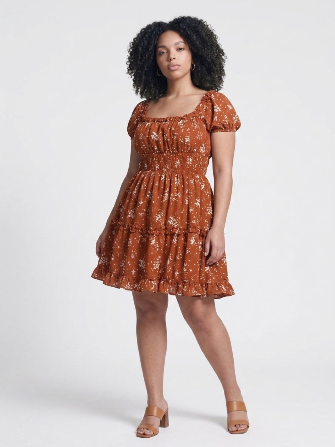 Rust Floral Off-Shoulder Tiered Ruffled Mini Dress