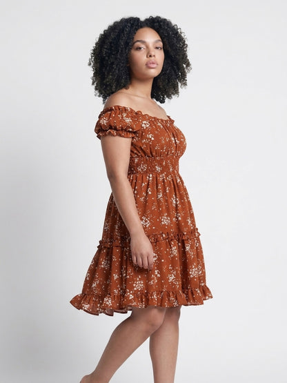 Rust Floral Off-Shoulder Tiered Ruffled Mini Dress